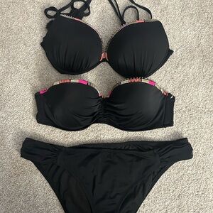 Victoria's Secret Black Bikini with Pink and Gold Accents- Two tops! Never Worn!